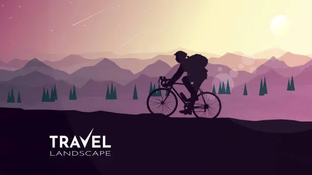 Vector illustration of A man rides a bicycle in the mountains. Sunset. Man cycling on the mountain road. Bike trip. Exploring and observing nature. Biker traveling. Flat graphic polygonal landscape. Vector illustration