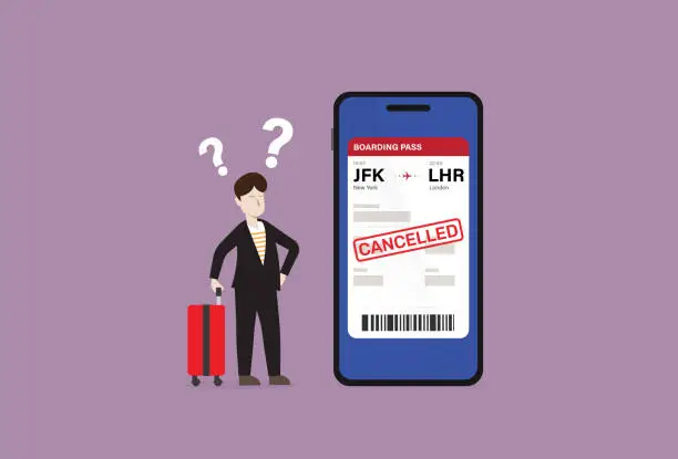 Vector illustration of A businessman's fight is cancelled by the airline, Traveler frustration and airline troubles