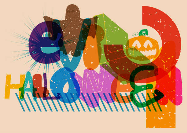 istock Risograph Evil Halloween word with geometric shapes. Holiday in trendy riso graph design. 1686512193