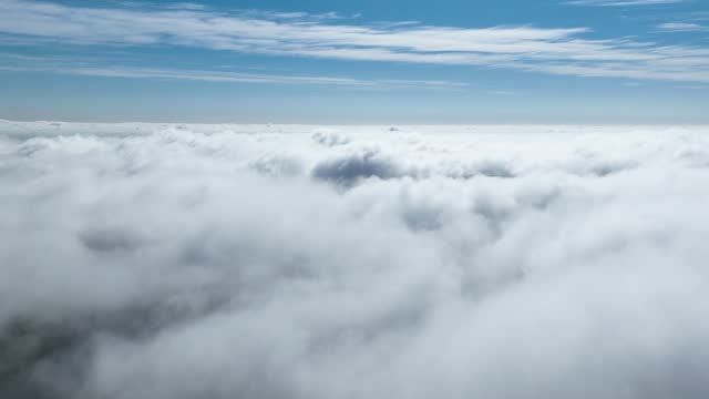 Above Clouds Time Lapse In Blue Sky Skyline. Fog Morning Sky Clouds Scenery.