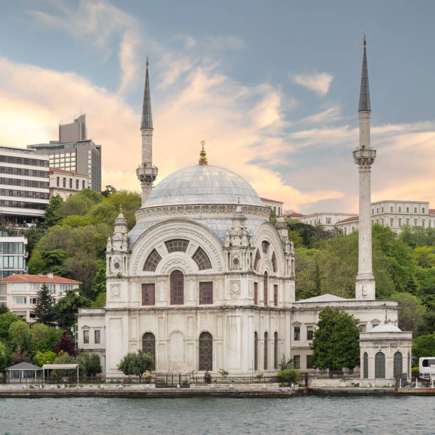 View from Bosphorus strait overlooking Baroque Dolmabahce Mosque, Kabatas, Beyoglu district, Istanbul, Turkey