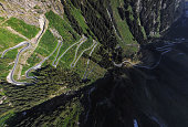 Overhead aerial view of hairpin turns of Silvretta-Bielerhohe High Alpine Road in Vorarlberg, Austria.