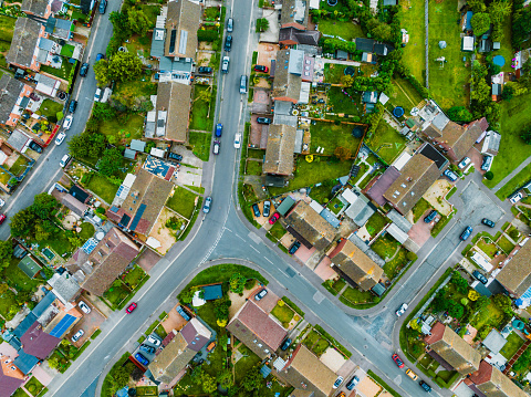 Aerial view suburban neighborhood at Dunstable, UK