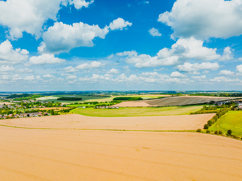 Aerial view of beautiful agricultural fields with cloud in England