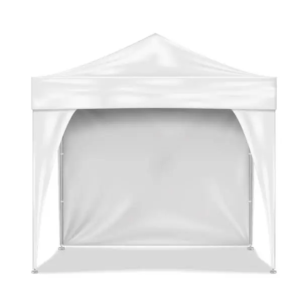 Vector illustration of Blank white canopy tent with leg covers and back wall realistic vector mockup. Camping gazebo with metal frame mock-up. Outdoor summer event portable booth template