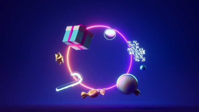 looping 3d animation, abstract festive background. Christmas neon background with gift box and festive ornaments fly spin and rotate endlessly Holiday wallpaper