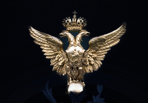 Russia, St. Petersburg - September 10, 2023: Double-headed eagle - Coat of arms of the Russian Federation