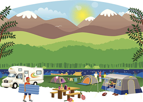 campingplatz szene in der umgebung - winnebago stock-grafiken, -clipart, -cartoons und -symbole