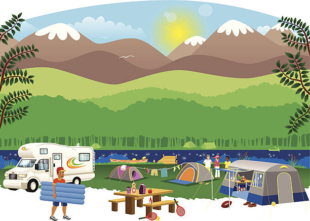 ilustrações, clipart, desenhos animados e ícones de acampamento cena no campo - winnebago