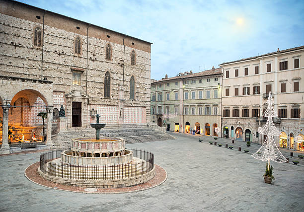 Christmas in Perugia at Piazza IV Novembre with fontana Maggiore and Cathedral, Umbria Italy
