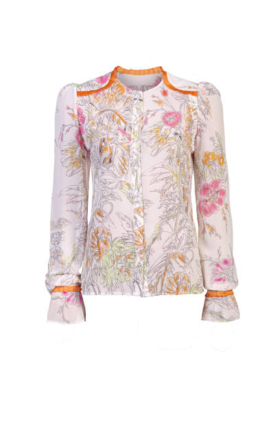 istock Summer silk blouse with floral pattern on a white background. Studio shot 1686600792