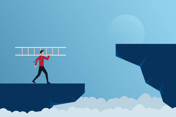 사업의 장애물을 극복하고, 사업가는 어깨에 사다리를 올려 높은 절벽을 오르고, 사업 문제를 해결하고 기회 개념을 보기 위해 도전한다 - cliff ladder business problems stock illustrations