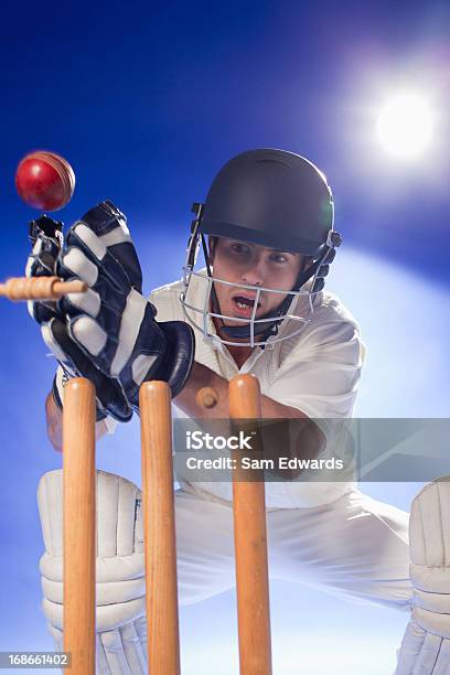 Cricketspieler Lunging Für Bats Stockfoto und mehr Bilder von Cricket - Cricket, Torwächter, Aufnahme von unten