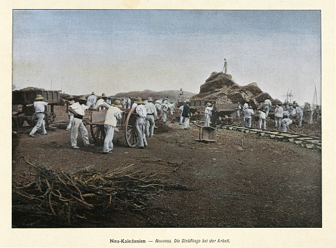 Vintage illustration of after a photograph, Convicts at work, Nouméa, New Caledonia, History 1890s, 19th Century