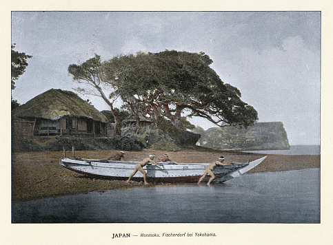 Vintage illustration of after a photograph, Honmoku, fishing village near Yokohama, Fishermen with traditional boat, History Japan 1890s, 19th Century