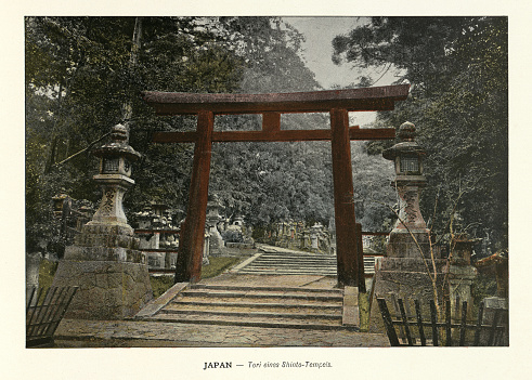 Vintage illustration of after a photograph, Japanese torii, symbolic gateway to a Shinto temple, History Japan 1890s, 19th Century