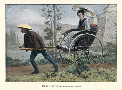 Vintage illustration of after a photograph, Japanese woman travelling using a rickshaw, History Japan 1890s, 19th Century