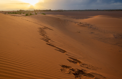 Erg Chebbi dunes in Sahara desert before sunset. Morocco, Africa.