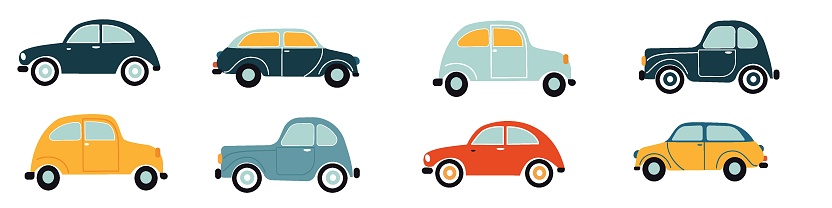 Set of flat vector children's illustrations. Cute cars on white background