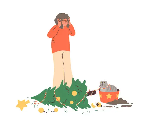 Vector illustration of Woman frustrated from pet mess, cat knocked over Christmas tree, scattered decorations, vector disorder from grey kitten