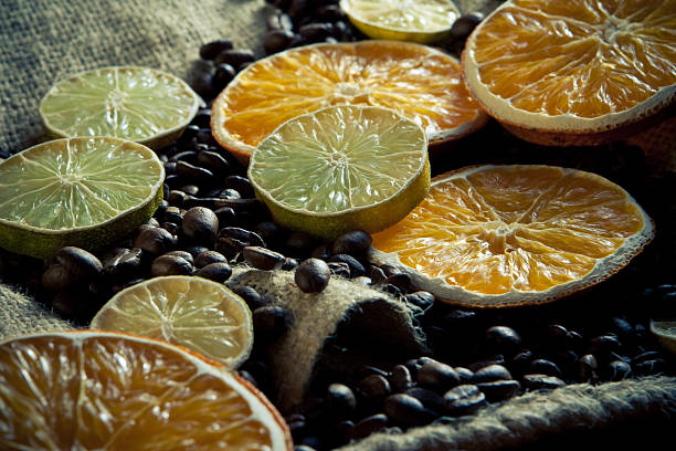 Coffee beans with orange and lemon