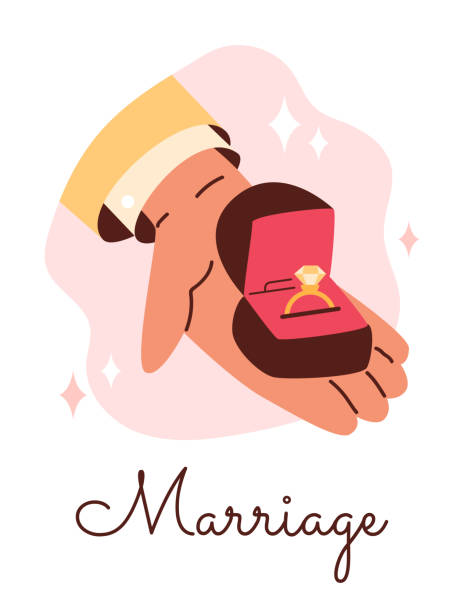 남자의 손은 결혼 반지와 다이아몬드, 결혼 제안, 결혼식, 약혼 벡터 삽화가 있는 열린 상자를 들고 있다 - ring gold vertical wedding stock illustrations