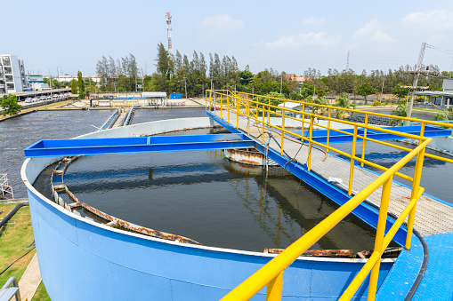 Aerated pool wastewater treatment system in industrial plants. environmental science and reuse waste water concept