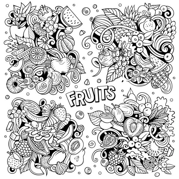 ilustraciones, imágenes clip art, dibujos animados e iconos de stock de frutas frescas dibujos animados vector doodle diseños set - plum grape fruit clip art