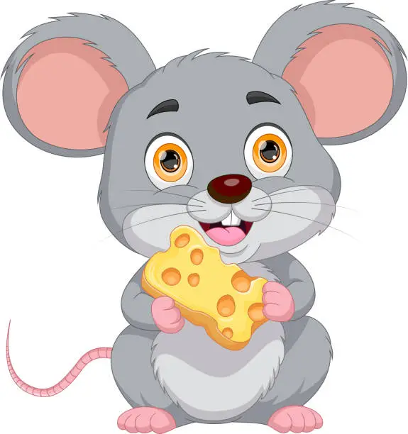 Vector illustration of cute mouse holding cheese cartoon