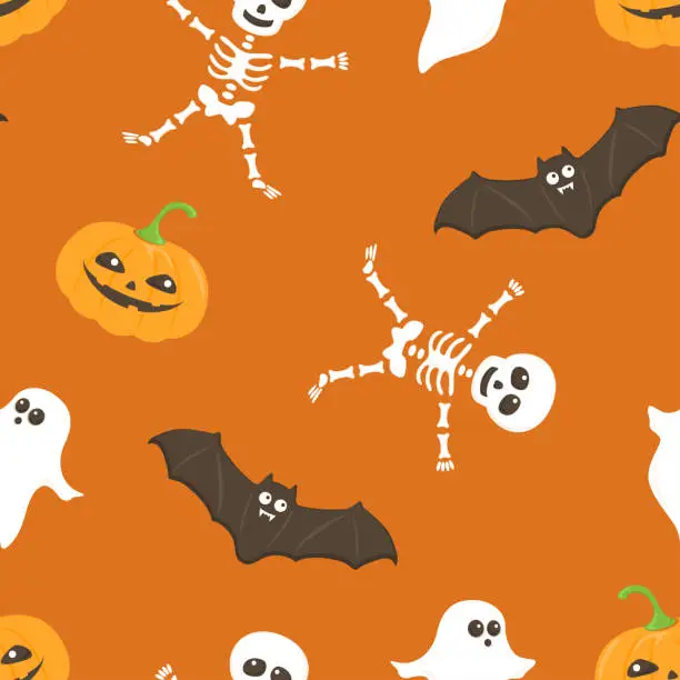 Vector illustration of Halloween background. Seamless pattern with funny skeletons, bats, ghosts and scary pumpkins. Vector cartoon flat illustration