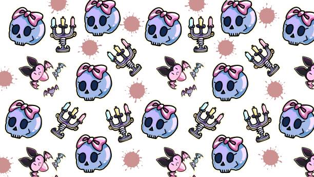 ilustrações de stock, clip art, desenhos animados e ícones de seamless pattern of feminine skulls cute bats and candle forks - pop art skull backgrounds pattern