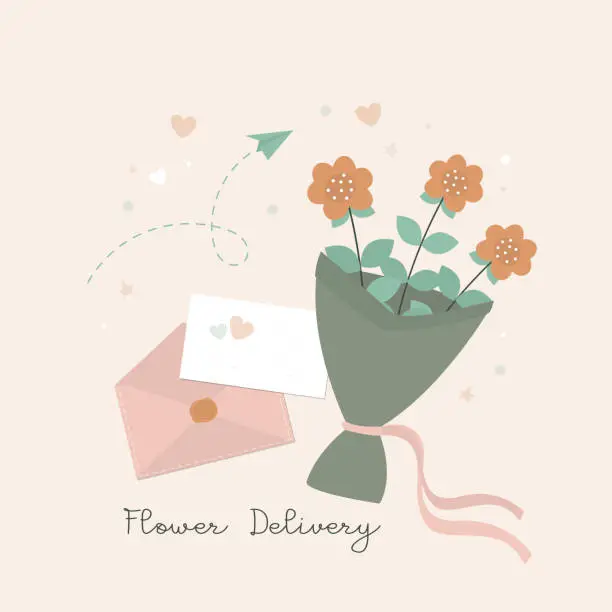 Vector illustration of Fast flower delivery, bouquet and craft paper envelope to recipient. Online delivery service, landing page template. Doodle design for web or print with bouquet, parcel, pack