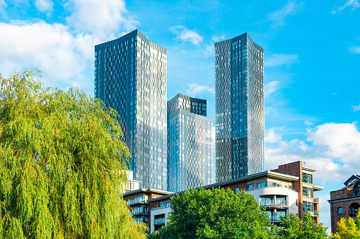 Business towers and Green leaves, Manchester