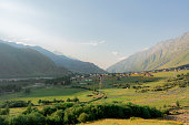 Stepantsminda village in Kazbegi region with view of Kazbeg mountains