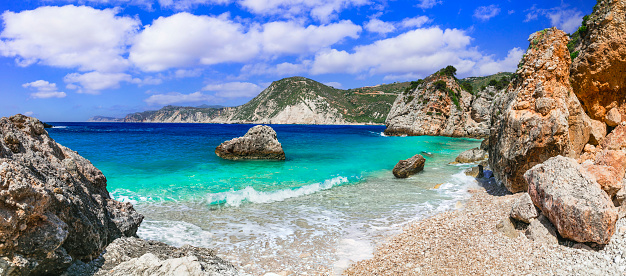 Scenic beaches of beautiful Cephalonia (Kefalonia) island - Agia Eleni with picturesque rocks. Greece , Ionian islands