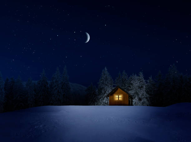 istock Christmas hut with lighted window in a snowy winter landscape 1686728128