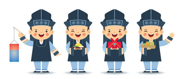 istock Cartoon Korean boy with lantern, songpyeon, gift and persimmons 1686736242