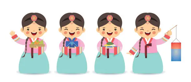 Vector illustration of cute cartoon Korean girl wearing hanbok with persimmons, gift, songpyeon and lantern