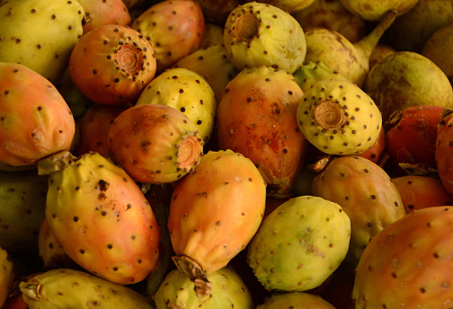 Zakynthos market stall: heap of ripe cactus( Prickly pears) fruit for sale.