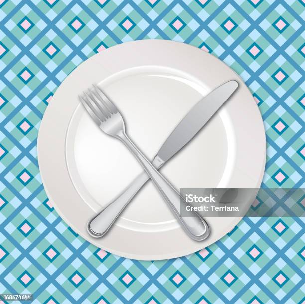 Prato Vazio Branco Com Garfo E Faca - Arte vetorial de stock e mais imagens de Almoço - Almoço, Azul, Aço