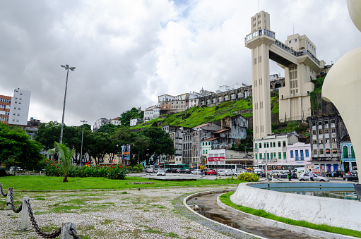 Salvador, Bahia, Brazil - June 09, 2015: View from below of the Lacerda elevator, a postcard of the city of Salvador in Bahia.