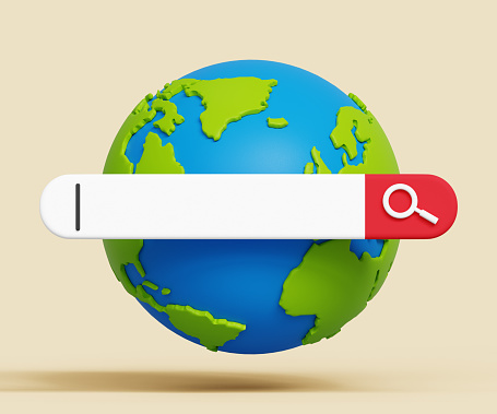 3D global search icon. International opportunities. Searching for oversea business concept. Earth globe with empty search bar. 3d illustration