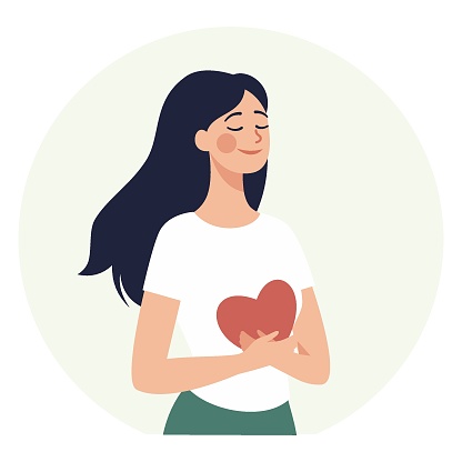 Vector flat illustration. Peaceful girl holding a core in her hands, happy girl loves herself. Concept of psychology, mental health and self love