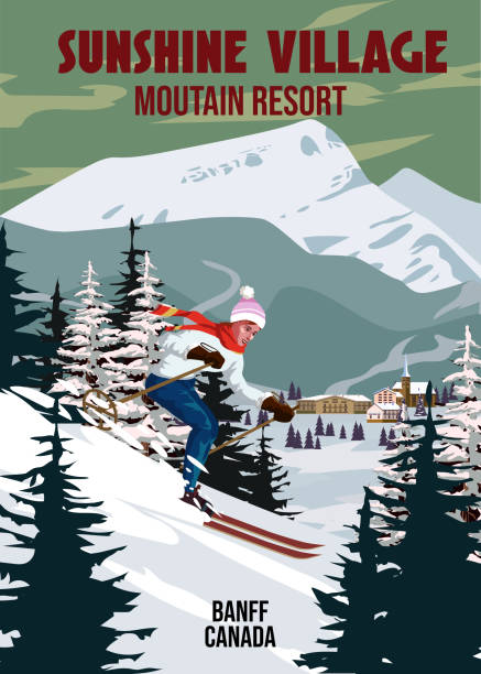винтажный туристический плакат ski sunshine village resort. карта путешествия по зимнему пейзажу канады - banff gondola stock illustrations