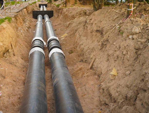 istock Installation of the distribution unit of heating and water supply network. Frame for connecting pipes in the trench of ground 1686768687