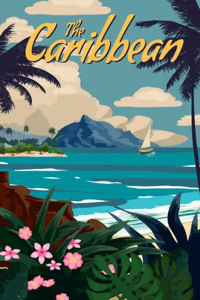 Vector illustration of Caribbean Travel poster tropical resort vintage