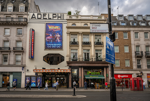 London, UK: The Adelphi Theatre on The Strand in central London. The theater is showing the musical Back to the Future.