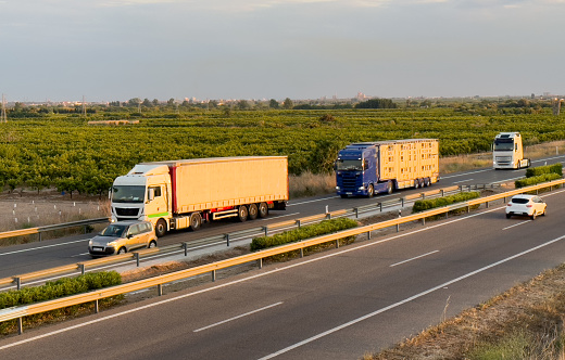 Semi truck with Semi-trailer driving along highway. Goods Delivery by roads. Services and Transport logistics. Highway with transport, car and truck, road landscape. Road traffic on motorway.