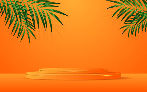 istock Orange podium with elegant gold lines and green leaves on the back 1686796180