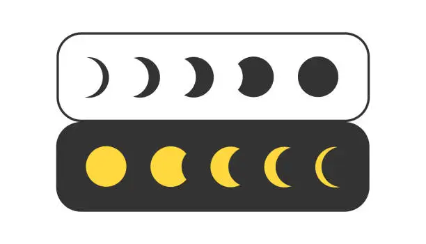 Vector illustration of Moon phases icon on light background. Astronomy symbol. Crescent, lune cycle, flat design for web graphics. Outline, flat, and colored style. Vector illustration.